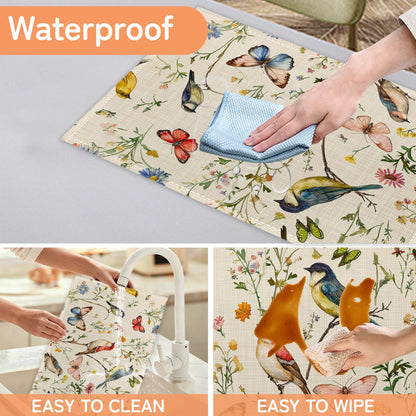 Vintage Bird Placemats Set of 6,Butterfly Flower Waterproof Heat Resistant Dining Table Plate Mat for Home Kitchen Dining Table 12x18Inch