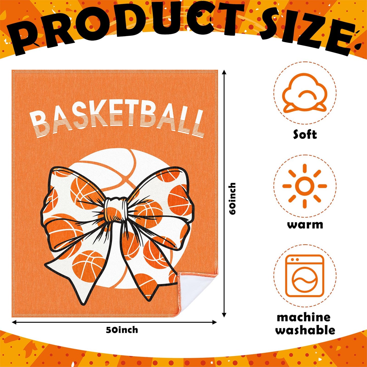 Hillsuren Orange Basketball Coquette Bow Blanket 50 x 60 Softball Sports Throw Blanket Bow Stuff Team Gifts for Ball Lovers Players Home Decor Halloween Christmas Thanksgiving Gift