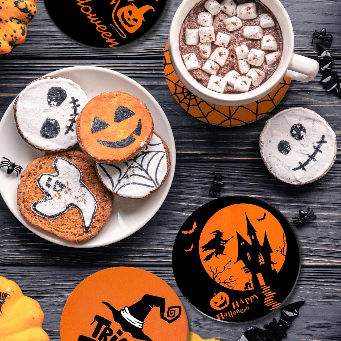 JarThenaAMCS 4Pcs Halloween Coasters Orange Black Round Ceramic Coaster Trick or Treat Heat-Resistant Cup Mats for Wooden Table Protection Home Party Supplies
