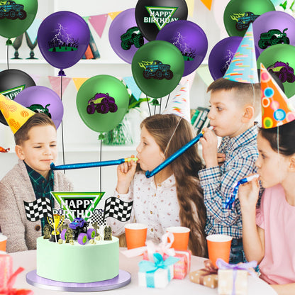 Haooryx Monster Truck Cake Topper - 40Pcs Green and Purple Monster Truck Cake Decoration Racing Car Dessert Cupcake Topper for Kid Boy Birthday Truck Theme Party Baby Shower Table Decoration Supply