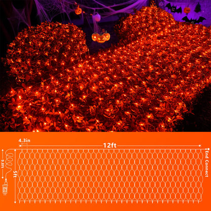 YEGUO Orange Halloween Lights, 12ft x 5ft 360 LED Net Lights Outdoor Mesh Lights, 8 Modes Clear Wire Christmas Bush Light Plug in