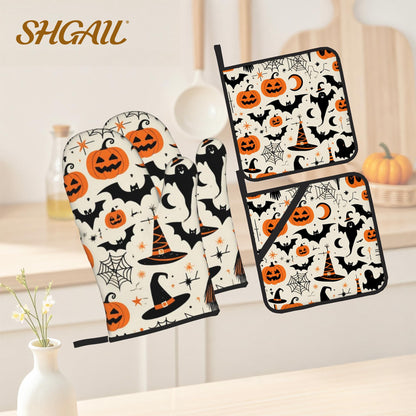 Halloween Pumpkin Bat Pattern Oven Gloves and Hot Pads Set - Heatproof Hand Protection for Baking, Grilling, Cooking 4Pcs