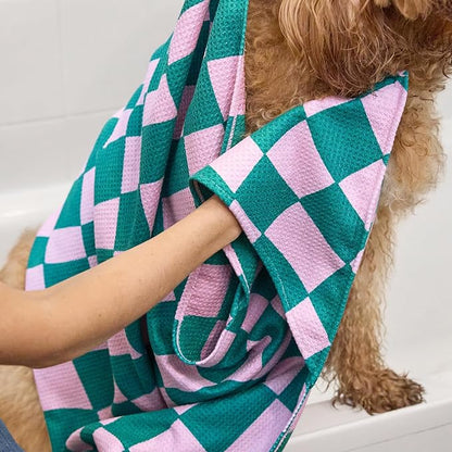 Dock & Bay Pet Towel - Super Absorbent & Quick Drying Dog Towels with Bag - 100% Recycled - Check Mutt, Large (120x70cm, 47x27)