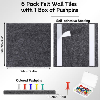 Large Cork Board 28" x 19", 6 Pack Felt Bulletin Board with Pushpins, Cork Boards Alternative with Self-Adhesive Strips, Felt Wall Tiles Pin Boards for Walls Office Home School Decor-Dark Gray