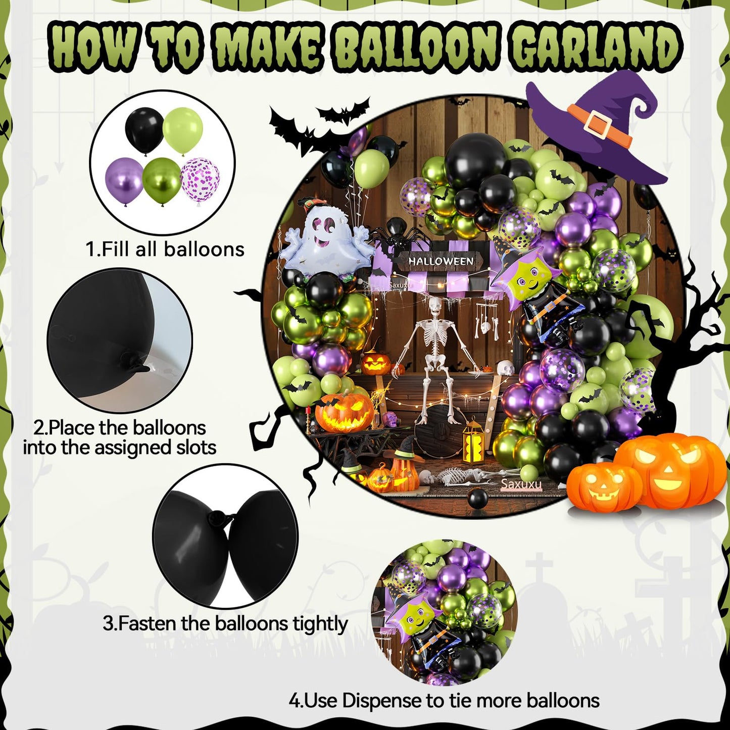 Halloween Balloon Arch Garland Kit, Black Green Purple Metallic Confetti Ghost Witch Foil Balloons with 3D Bat Stickers for Halloween Baby Shower Party Decorations Cosplay Theme Party