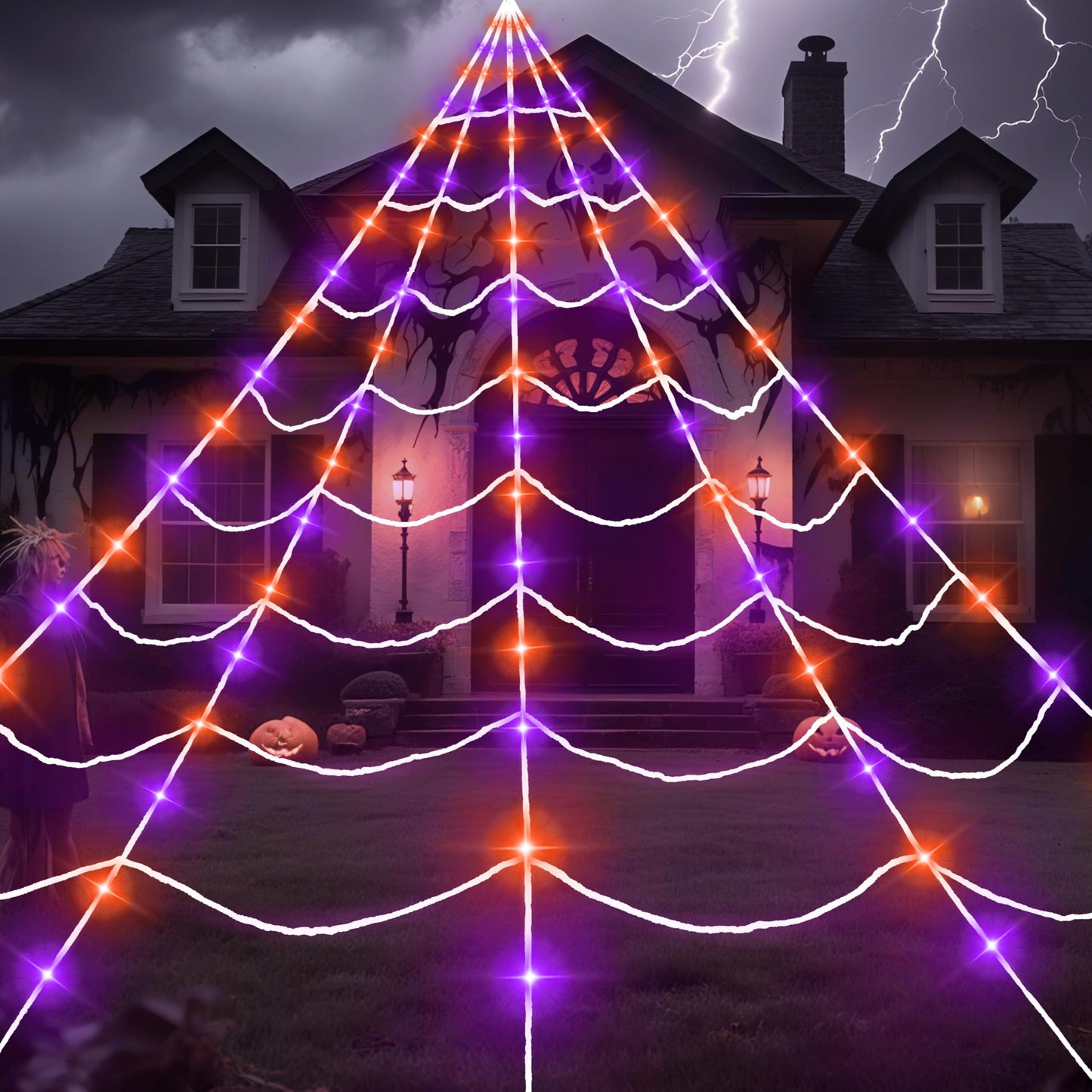 JOYIN Light-up Halloween Spider Web Decoration Outdoor, 19.7 x 14.7 FT Giant Triangular Web with LED Lights, Timer Cobweb Decor with 8 Lighting Modes for Indoor Yard Porch Haunted House Prop