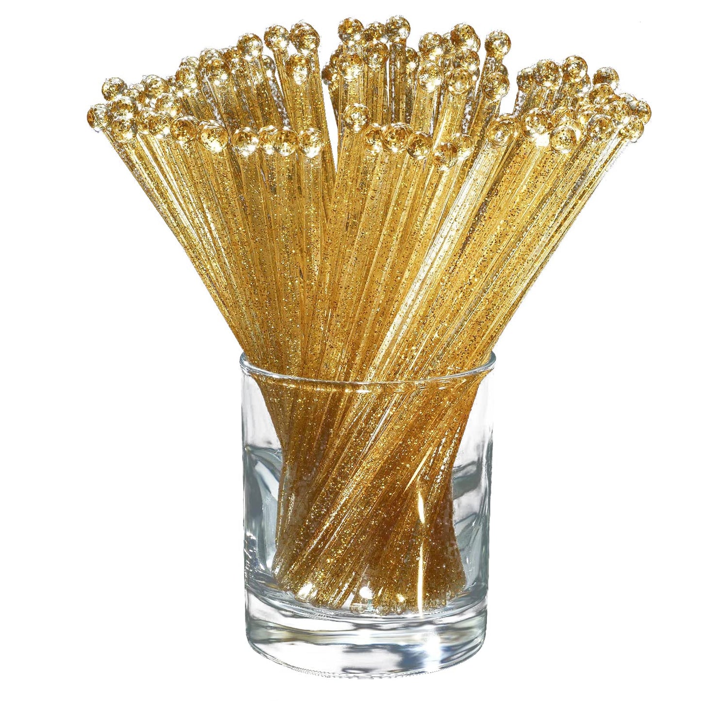 Ball Head Stirrer Disposible Plastic Round Top Crystal Swizzle Sticks, Crystal Cake Pops, Cocktail Coffee Drink Stirrers 100 Pieces (Clear Gold Glitter)