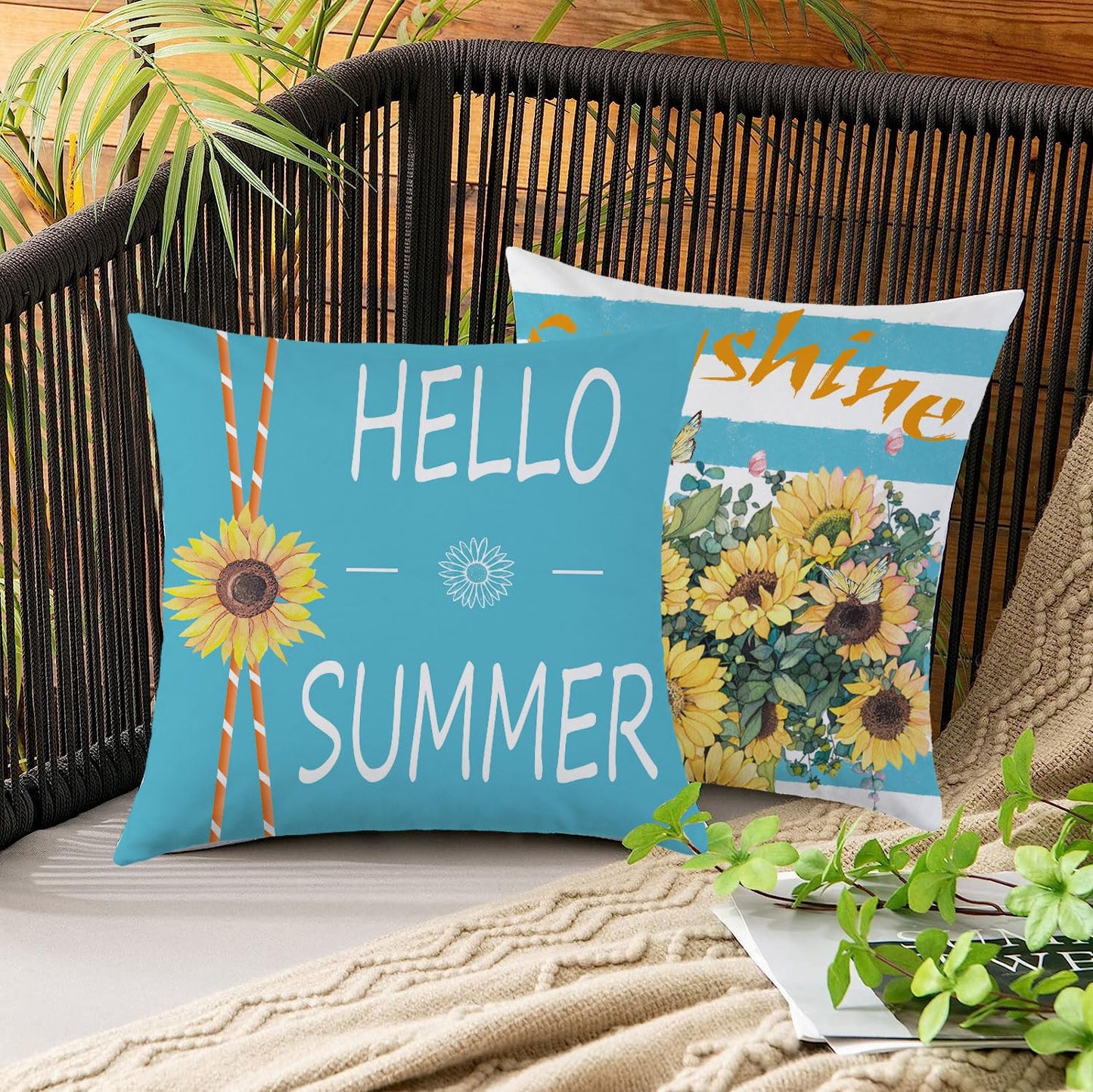 Mimkus Sunflower Pillow Cover 18 x 18 Inch Set of 4 Spring Summer Throw Pillow Covers Floral Double-Sided Printing Blue Cushion Cover for Sofa Home Decor