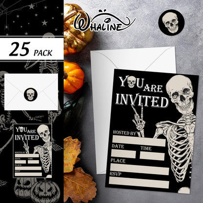 Whaline 25 Sets Halloween Invitations with Envelopes Stickers Black Dancing Skeleton Invitation Cards Blank Invites for Birthday Party Supplies, 5 x 7 Inch