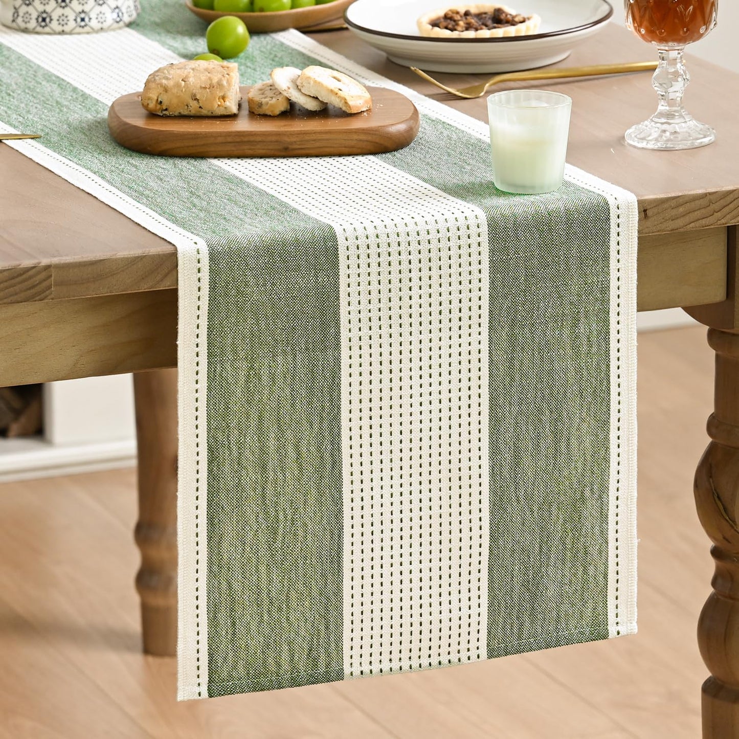 Artoid Mode Sage Green Farmhouse Rustic Table Runner, Seasonal Macrame Fabric Kitchen Dining Holiday Wedding Table Decor for Home Party 13x120 Inch