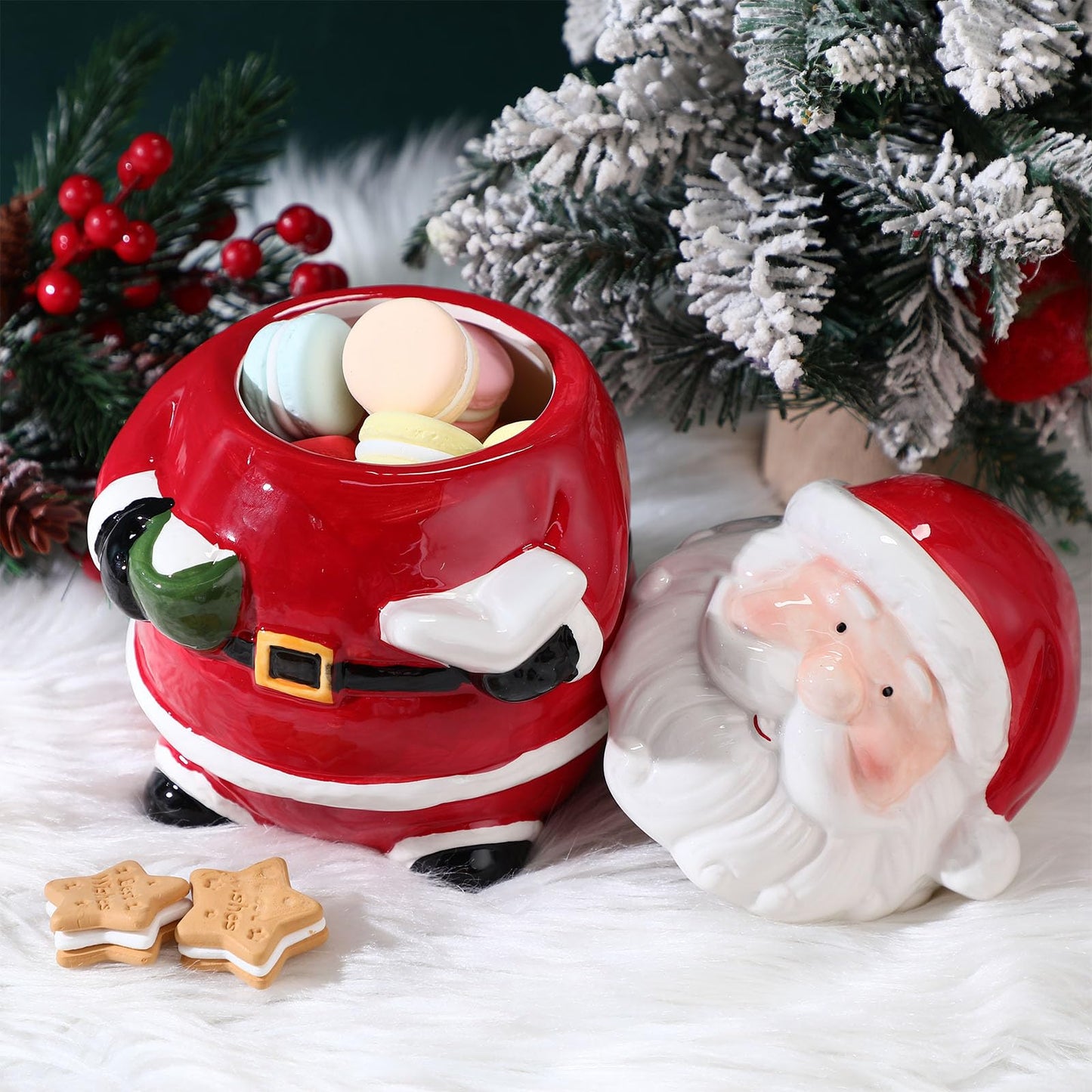 Nuogo Christmas Cookie Jar Ceramic Santa Snowman with Lids Ceramic Food Storage Container Jar for Christmas Cookies, Candy, Holiday Treats Xmas Gift Decorations (Chic Santa)