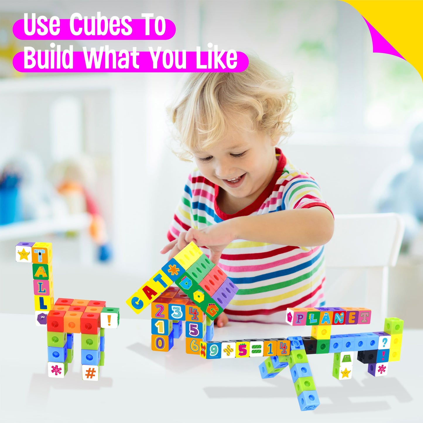 100 Math Linking Cubes, Math Cubes with 384 Reusable Stickers-Letters, Numbers, Shapes, Manipulative Geometric Connecting and Counting Blocks, Educational Toy for Kids Math Learning and Fun Activities