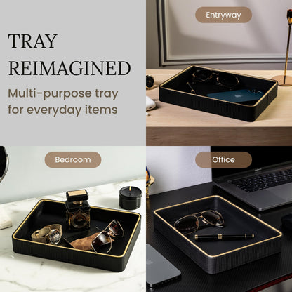 Leather Catchall Valet Tray for Men| Mens Valet Catch All Trays| Bedside Organizer for Nightstand| Cologne Tray for Men| Desk Trays Leather Tray Organizer (Black)