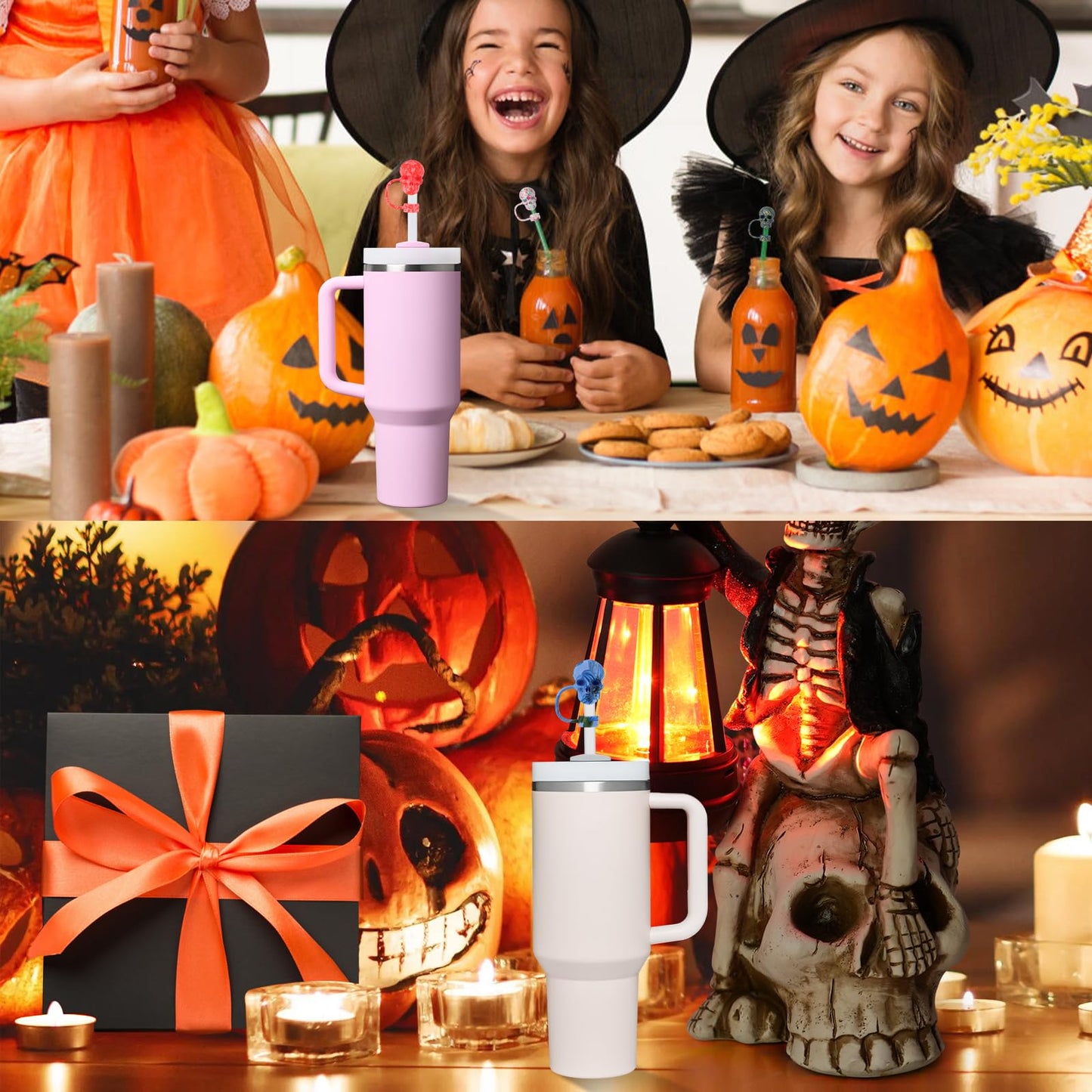 8 Pack Skull Straw Toppers for Stanley Cup 30&40oz, Tumbler Water Cup Accessories, Reusable Dust-Proof 3D Straw Cover Cap, Hollaween Gift (8 Colors)