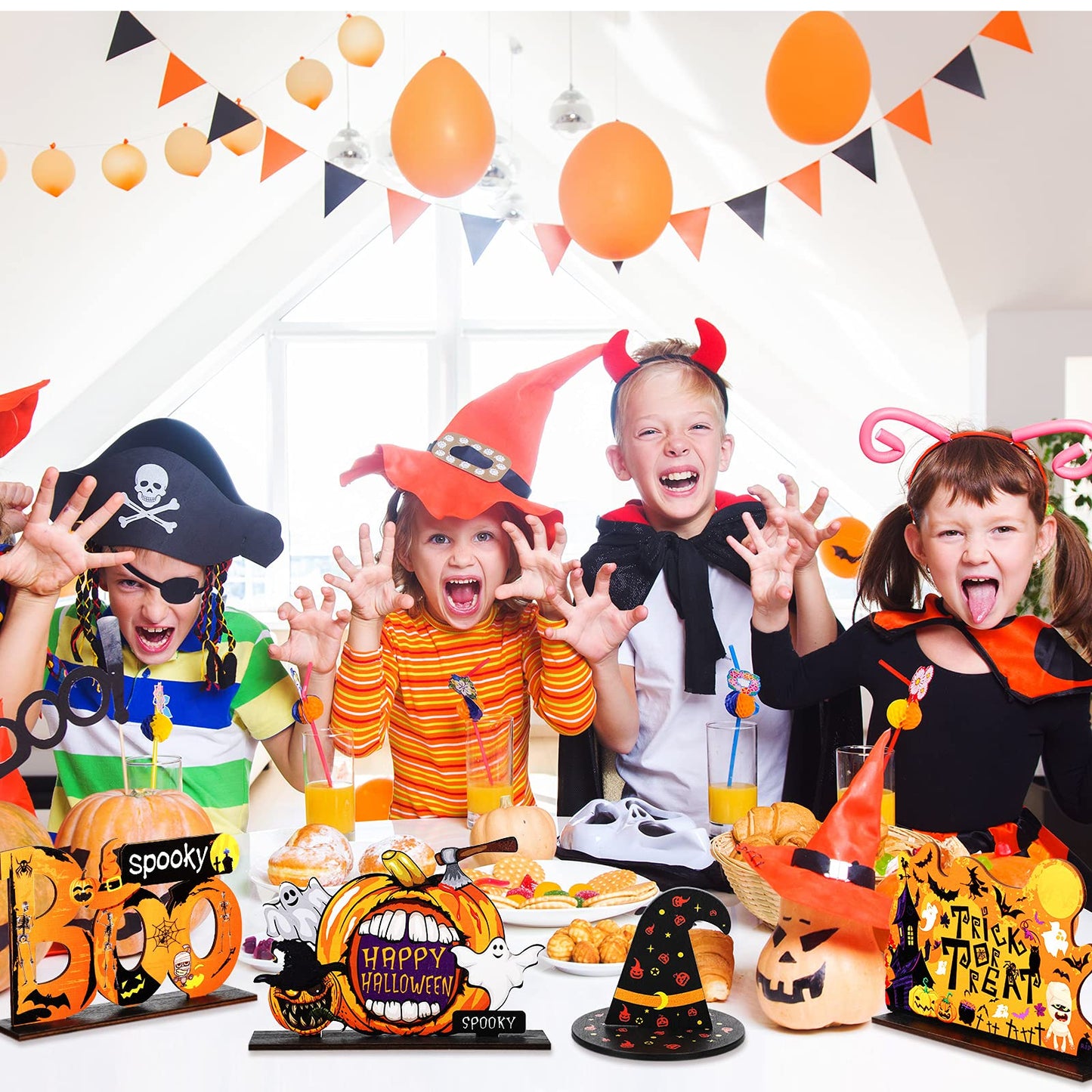 Jetec 6 Pcs Halloween Office Decorations Table Centerpiece with 5 ft Pumpkin String Light, Boo Spooky Trick or Treat Pumpkin Witch Hat Wood Table Signs for Happy Halloween Tier Tray Home Decoration