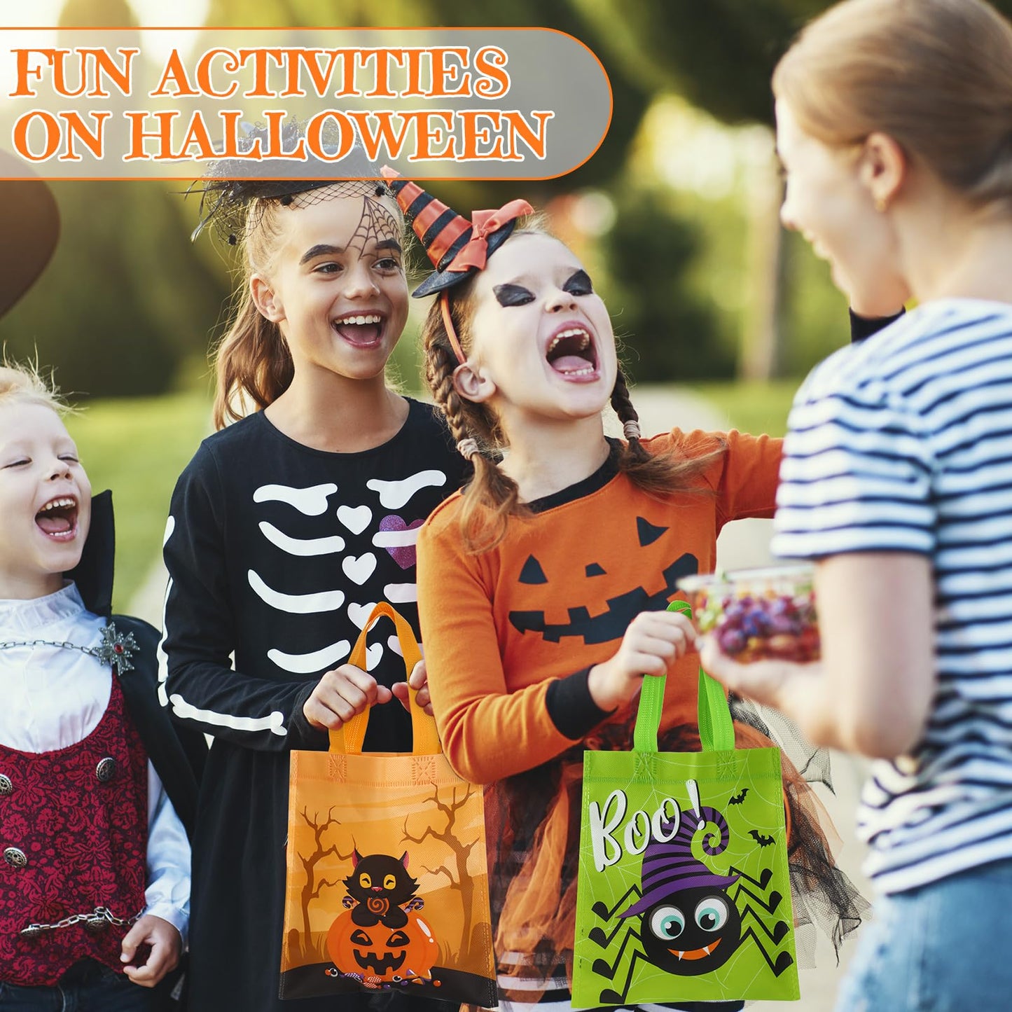 Ribbonlic 48 Pcs Halloween Treats Bags Tote Gift Reusable Candy Goodie Bags for Halloween Party Favors(Funny Style)