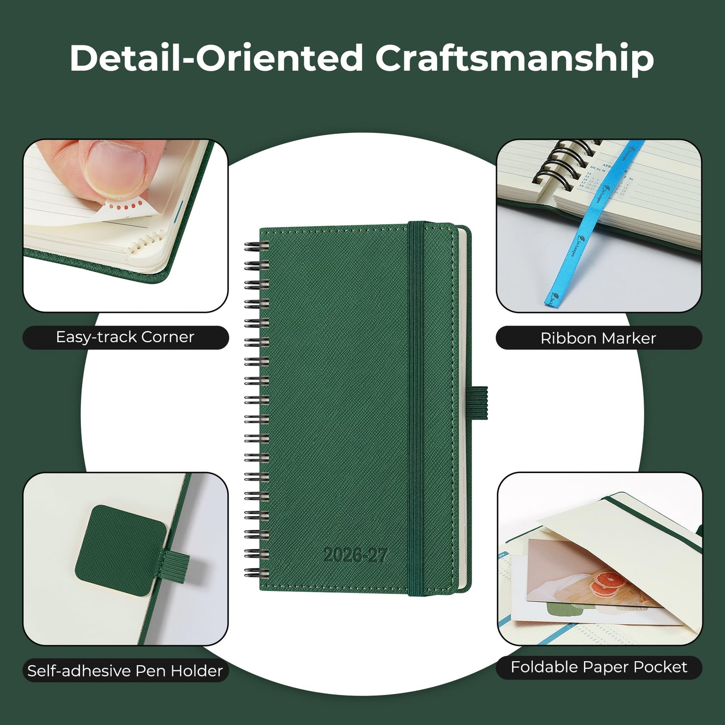 IN-LUXPRO Planner 2026-2027 Daily Weekly and Monthly,6.5"x3.75",18 Months Spiral Bound Calendar Agenda with Self-adhesive Pen Holder,2026 Academic Plan with Vegan Leather Soft Cover,Green