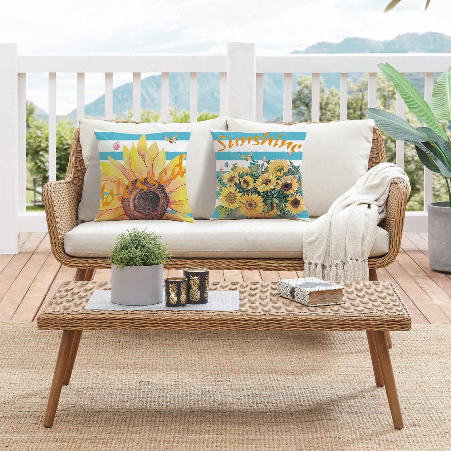 Mimkus Sunflower Pillow Cover 18 x 18 Inch Set of 4 Spring Summer Throw Pillow Covers Floral Double-Sided Printing Blue Cushion Cover for Sofa Home Decor