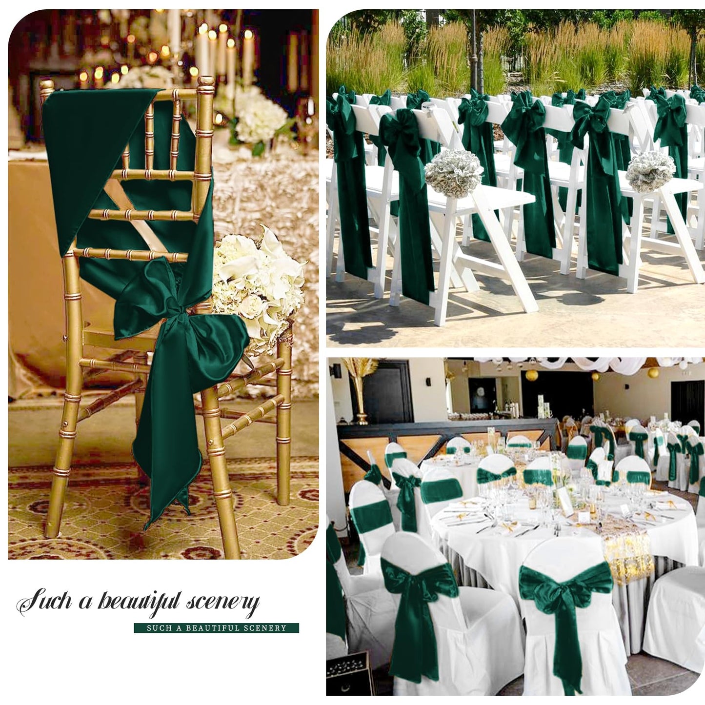 LOKUME Satin Chair Sashes - Dark Green Ribbon Ties for Wedding, Birthday, Banquet & Event Decoration (50 PCS, 7 x 108 Inch)
