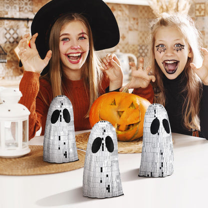 Gemscream 3 Pcs Halloween Disco Ghost Decor 5.9 Inch Silver Mirror Disco Balls Table Decoration Silver Glitter Spooky Ghost Sign Halloween Tiered Tray Decor Mosaic Table Centerpiece for Party Gift