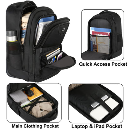 MATEIN Rolling Backpack, 17 inch Water Resistant Wheeled Laptop Backpack, Carry on Luggage Business Bag, Overnight College Computer Bag Trolley Suitcase for Men Women Adults to Travel, Black