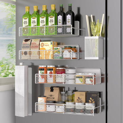 Magnetic Spice Rack for Refrigerator, 6 Pack 100% Metal Strong Magnet Shelf, Space Saving Spice Organizer, Home Kitchen Laundry Room Storage Organization W/ Paper Towel Holder, Utensils Racks (Grey)