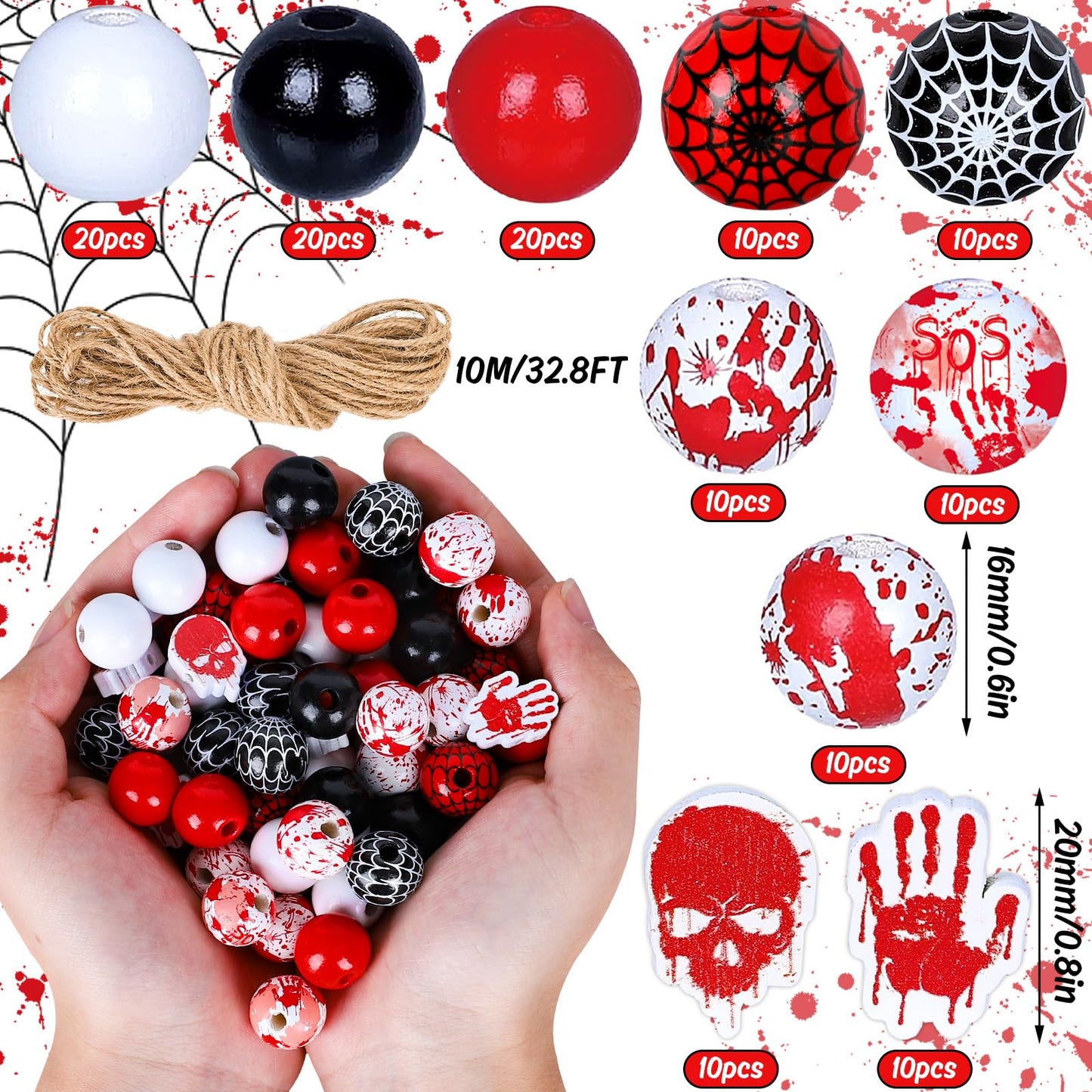 Whaline 130Pcs Halloween Wood Beads 16mm Bloody Trick or Treat Wooden Beads Spider Web Craft Spacer Bead for Necklace Bracelet Jewelry Making DIY Decor, Red Black White