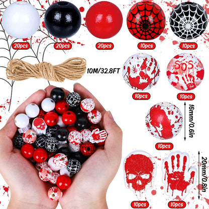 Whaline 130Pcs Halloween Wood Beads 16mm Bloody Trick or Treat Wooden Beads Spider Web Craft Spacer Bead for Necklace Bracelet Jewelry Making DIY Decor, Red Black White