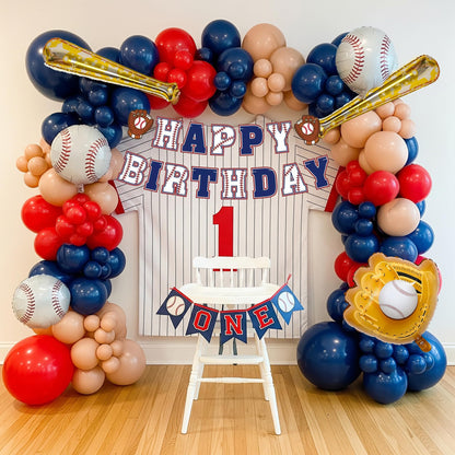 Baseball Birthday Party Decorations Navy Blue Red Nude Balloon Arch With Baseball Bat & Glove Balloons and Happy Birthday Banner For Sports Rookie year 1st birthday Baby Shower Supplies Decoration