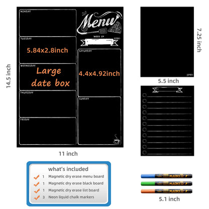 JJPRO Magnetic Dry Erase Menu Board for Fridge - Weekly Meal Planner Chalkboard with Grocery List and Notepad Blackboard Set for Kitchen Refrigerator - Premium Dry Erase Magnetic Blackboard