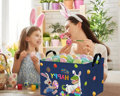 TUAUAN Large Easter Basket Folded Teen Eggs Box Canvas Empty Shelf Storage Bin Bunny Room Decor (Deep Blue)