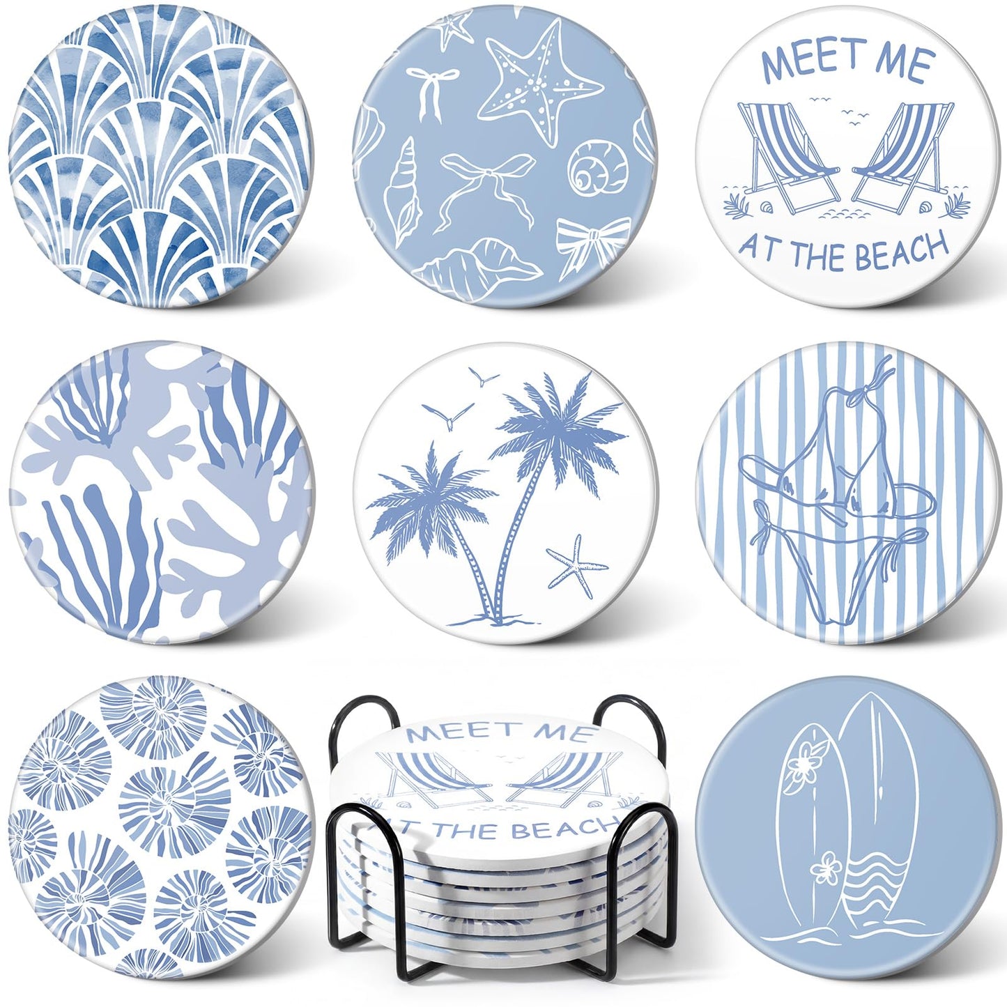 Rtteri Coastal Coasters for Drinks Set of 8 Blue Ocean Beach Starfish Shells Absorbent Ceramic Coaster with Cork Base and Metal Holder for Coastal Coffee Table Beach House Decoration Housewarming Gift