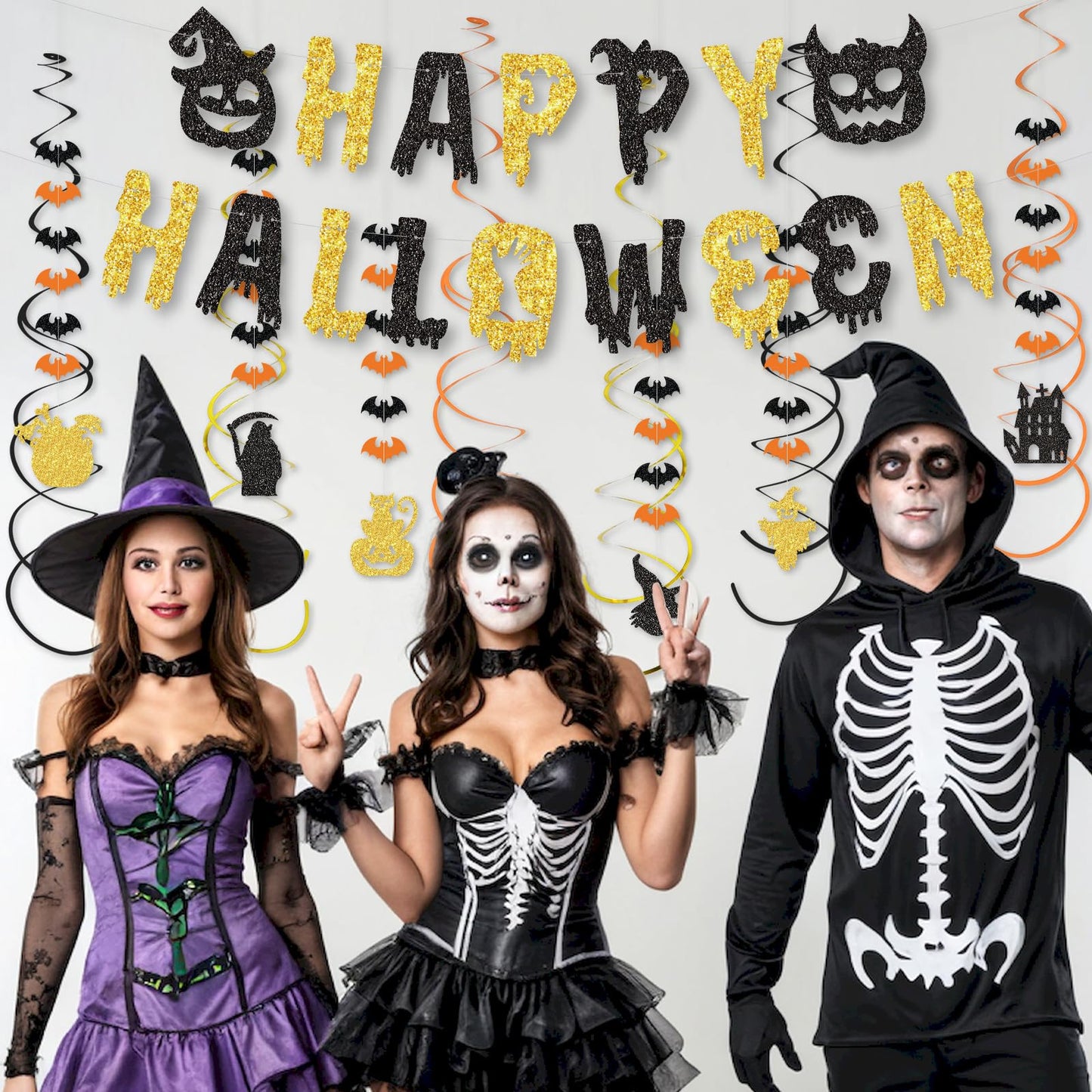 SHERONV Halloween Party Decorations, Black Gold Glitter Happy Halloween Banner, Pumpkin Ghost Bats Decorations, Hanging Swirls for Home Office Indoor Outdoor Party Event Decors