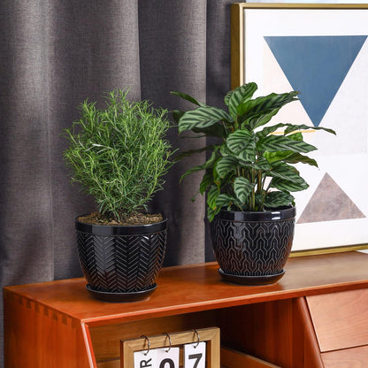 Sureasy 6.5 Inch Ceramic Plant Pots, Embossed Decorative Planters with Drainage Hole and Saucer, Modern Flower Pots for Indoor Plants, Set of 2, Black