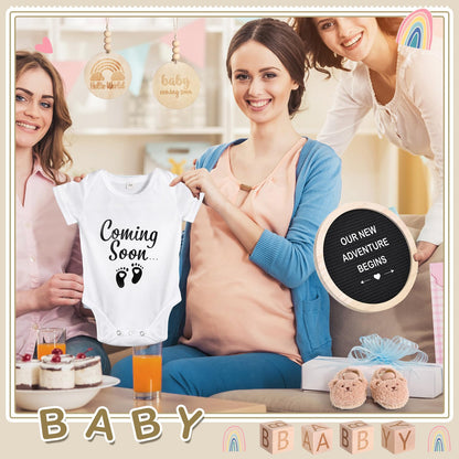 Canlierr 8 Pcs Pregnancy Announcement Set Pregnancy Reveal Ideas Include Felt Letter Round Board Kit Baby Bodysuit Booties Wood Blocks Wooden Signs for Coming Soon Baby Announcement(Black)
