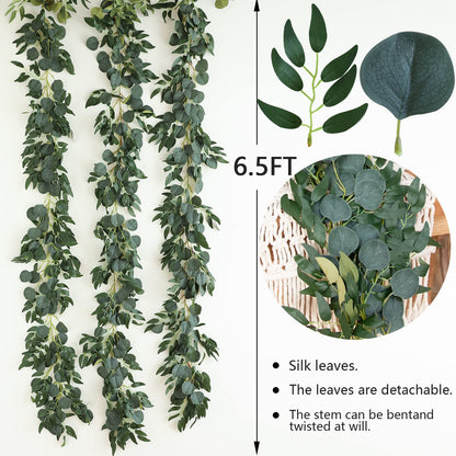 Apeair 3Pcs Fake Eucalyptus Vines, 6.5FT Silk Ivy Garland, Odorless Lush Green Leaves Artificial Hanging Plants, Boho Forest Greenery Decor for Home, Classroom, Wall,Party, Wedding Decoration
