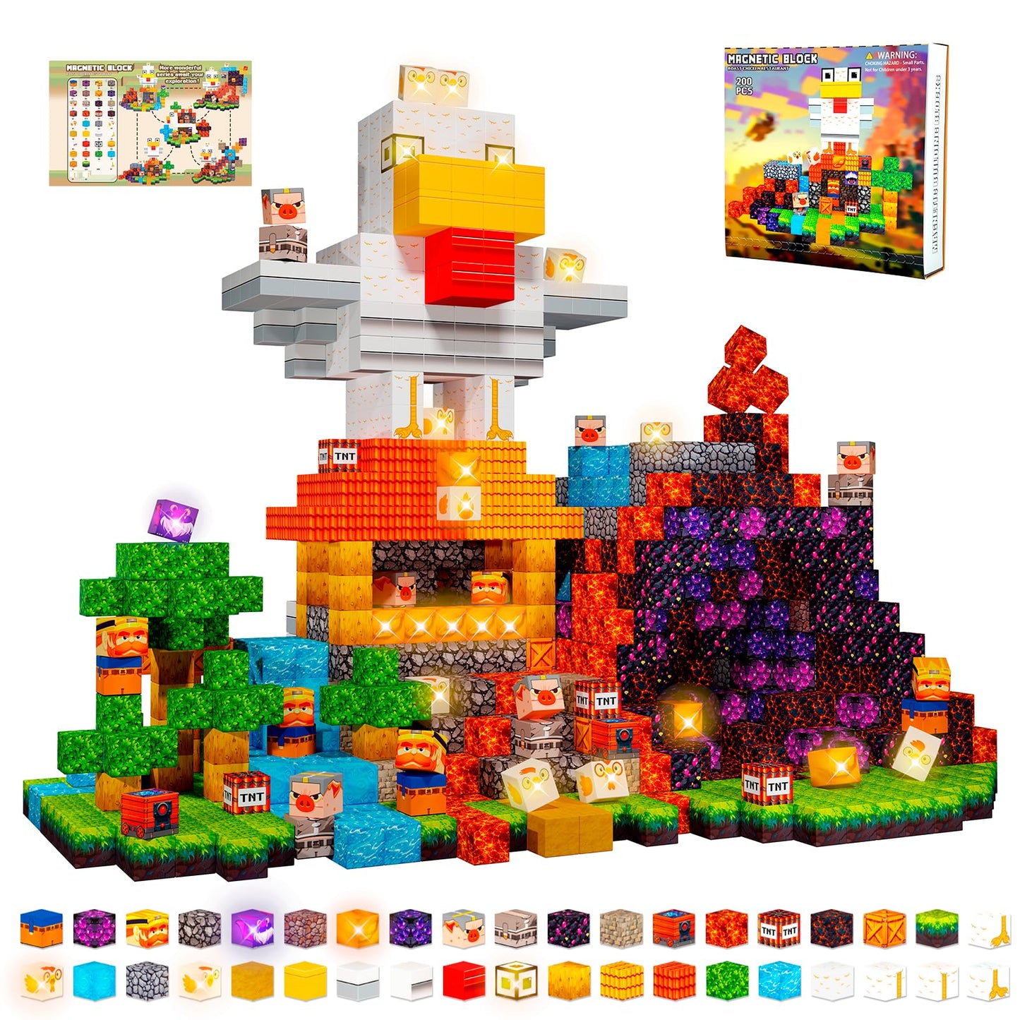 Lukoca 200PCS Magnetic Building Blocks with Light Up Blocks, STEM Educational Construction Toys, Sensory Learning Toys for Kids Ages 4-8, Birthday for Boys & Girls