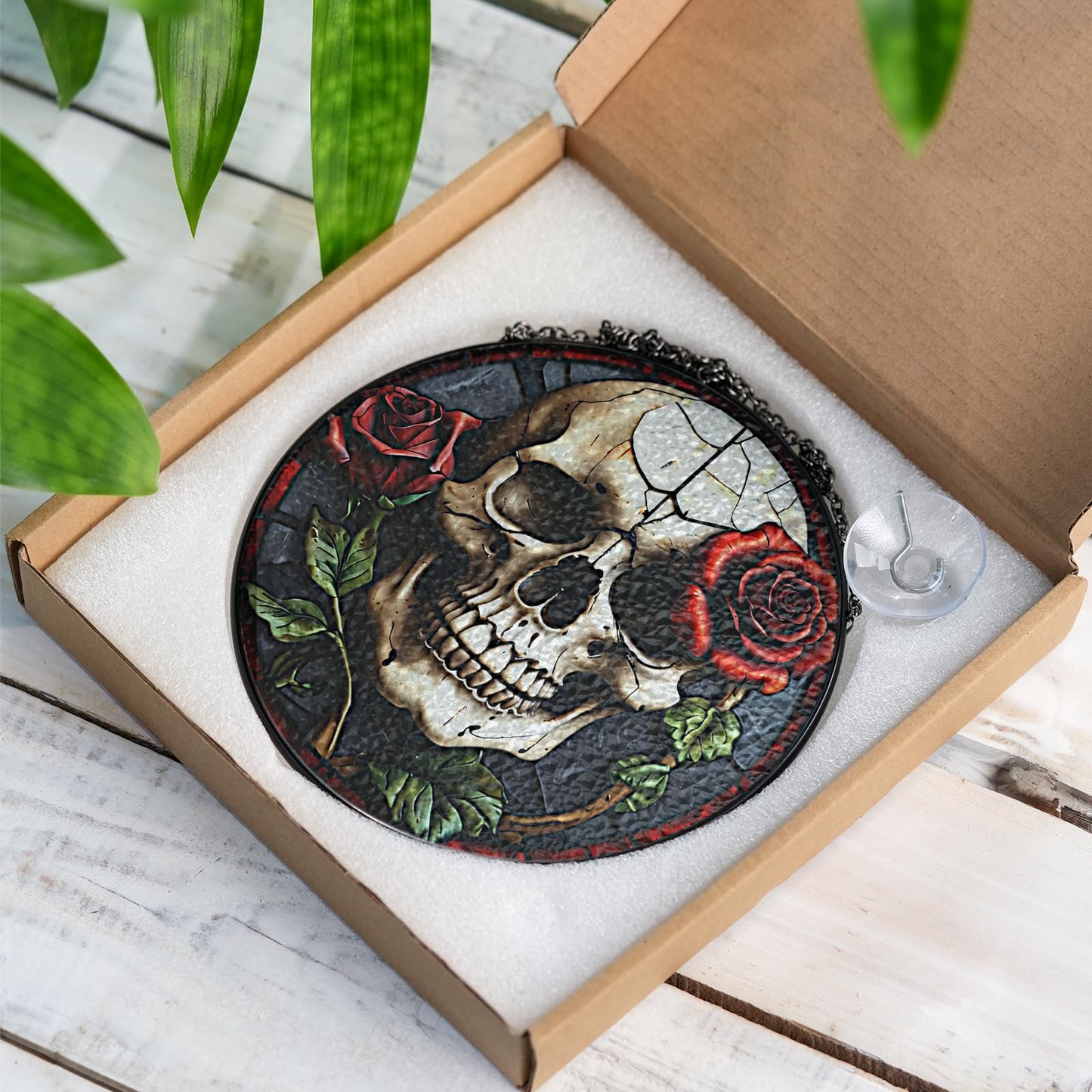7.8" Skull Rose Stained Glass Suncatcher, Gothic Window Hanging Ornament for Home Decor, Unique Halloween Decoration with Red Rose Skull Art, Spooky Gothic Room Accent ART-03E-SG8