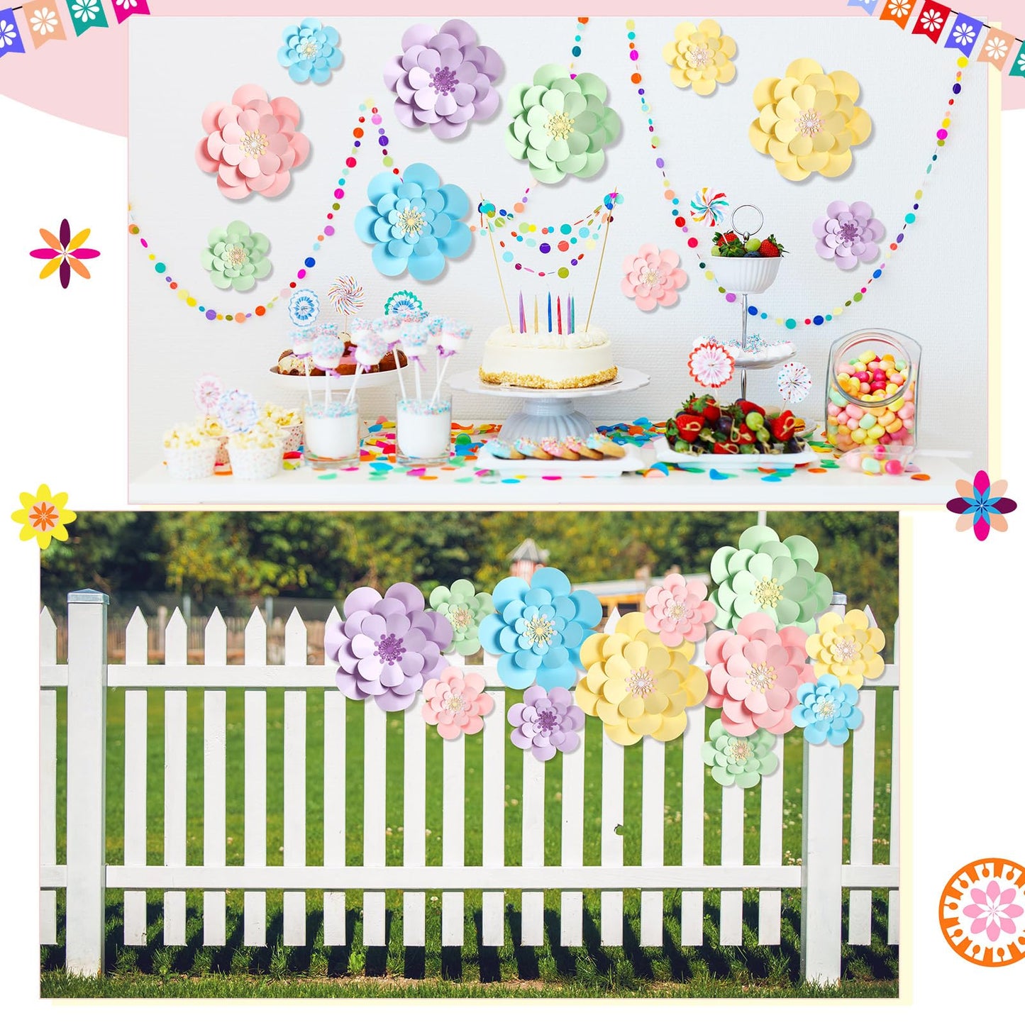 Mooliwe Paper Flowers Decorations for Wall DIY 3D Paper Bulletin Board Mexican Flowers Backdrop Decoration for Classroom Back to School Holiday Party(Fresh,10 Set)