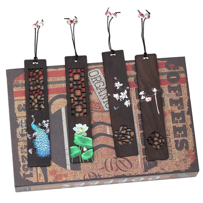 ZIZZON Wooden Bookmark for Men Women, Handmade Natural Wood Carving, Hollow Out and Painted Craft, Ideal Gifts for Men Women Friends Girls Teachers, Birthday Present (Peacock and Lotus)