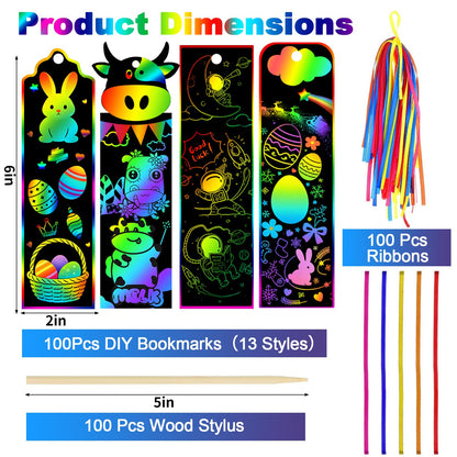 TCVENTS 100 Sets Scratch Art Bookmark Making Kit, DIY Animal Bulk Bookmarks with 100PCS Ribbons and 100PCS Wood Stylus for Kids 4-14 Years Old Students Classroom Prizes Gifts & Party Favors, 13 Styles