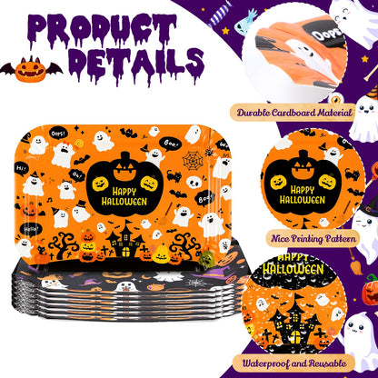 Acellegic 24 Pcs Halloween Serving Trays 13 X 9 Inch Large Platters Pumpkin Bat Ghost Food Trays for Movie Night Halloween Birthday Party Supplies