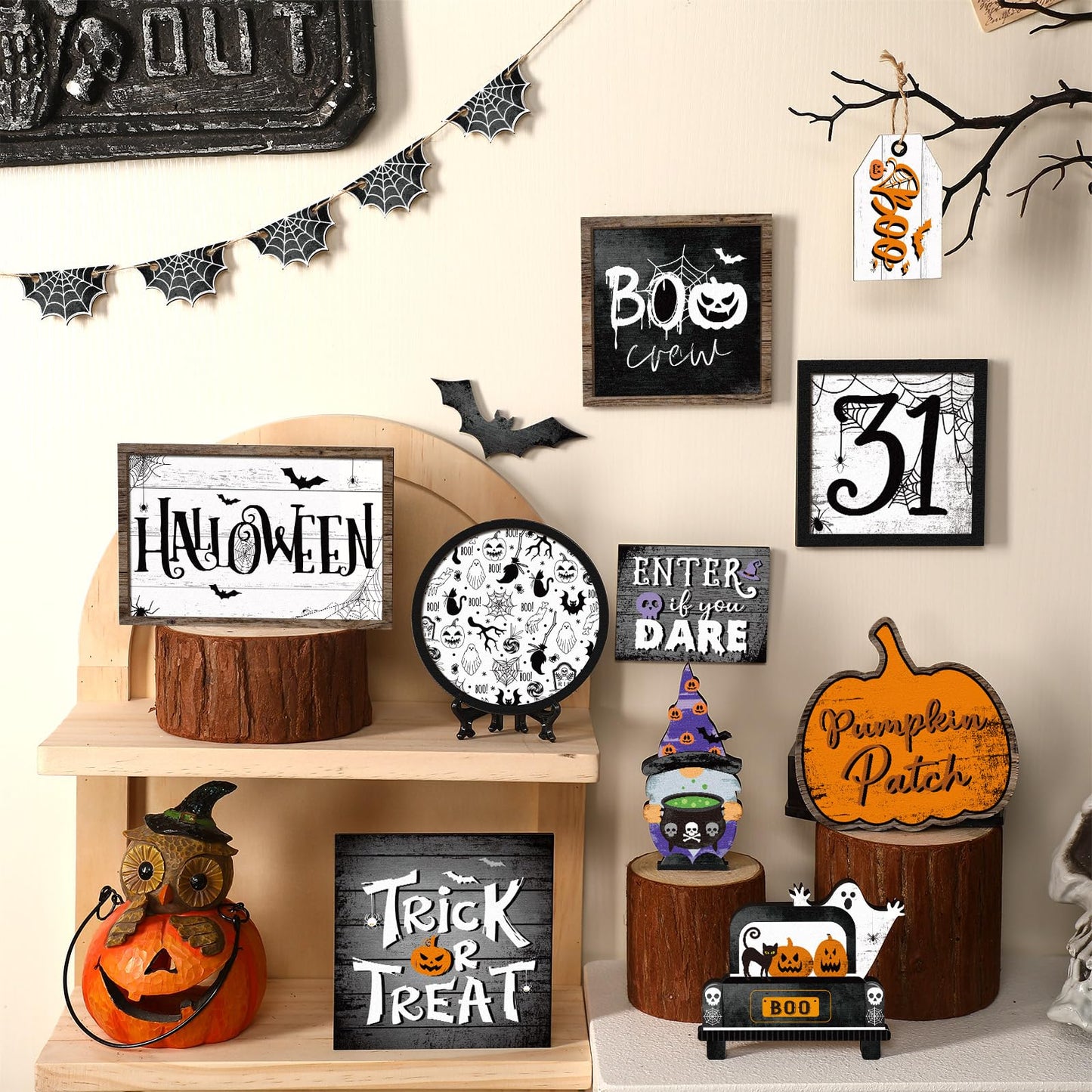 FairySandy 14 Pcs Halloween Tiered Tray Decorations Set Ghost Halloween Wooden Signs Rustic Farmhouse Pumpkin Boo Trick or Treat Blocks Table Sign Decorations for Home Party Favors