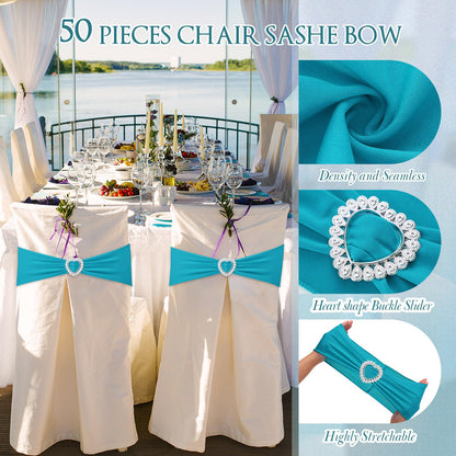 VitalCozy 100 Pcs Spandex Chair Sashes with Heart Shaped Buckle Slider Stretch Chair Cover Band Universal Elastic Ties for Wedding Banquet Event Party Decoration(Turquoise)