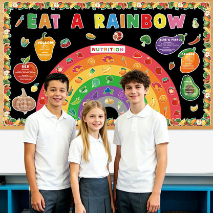 Eat A Rainbow Bulletin Board Set Healthy Food Fruit Vegetable Classroom Decoration Nutrition High Fiber Foods Cutouts Healthy Eating Board Border for Back to School Chalkboard Wall Decor Supplies