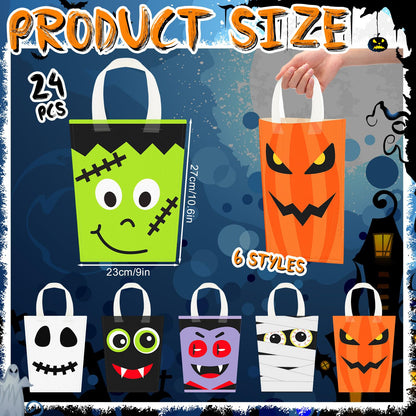 Sratte 24 Pack Halloween Non-Woven Treat Bags 6 Cute Patterns Design Trick or Treat Reusable Candy Goodies Bags with Handle Pumpkin Ghost Bat for Halloween Party Favors(10.63" x 9.06")
