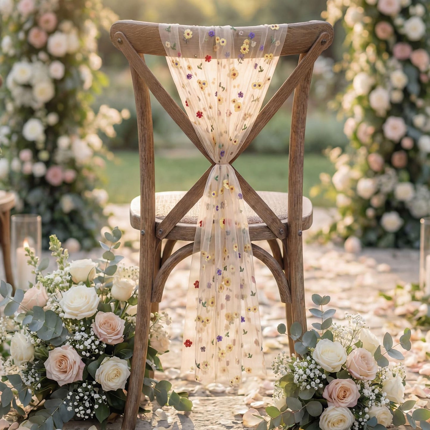 Jecery 16 Pcs Wedding Chair Decorations, Yellow Wildflower Chairs Sashes 6 x 108 Inch, Embroidered Tulle Chair Bows Ribbon Ties for Wedding Chairs Decor, Rustic Decor, Bridal Shower, DIY Craft
