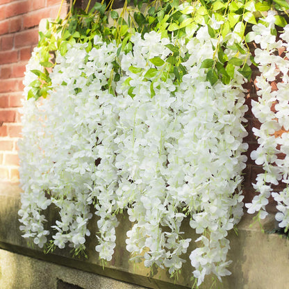 GPARK (36 Branches 12 Pack /45 inch /3.7ft Wisteria Hanging Artificial Flowers Fake Bushy Silk Vine Garland String for Wedding Party Garden Greenery Home Wall Deco Beige+Green+White