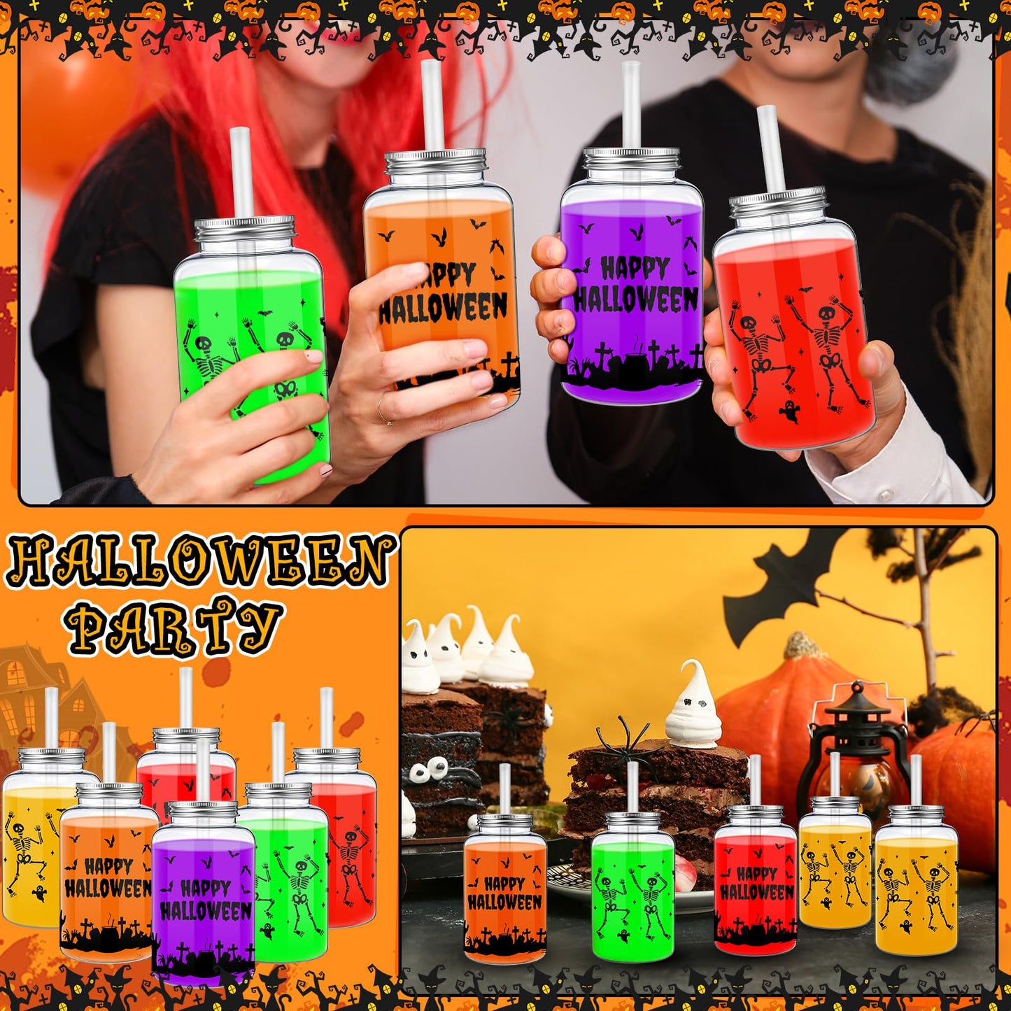 Yetene 20 Pack Halloween Skeleton Cups Reusable Skull Cup Gifts 16 oz Printed Cemetery Cup with Lids Straws Halloween Happy Plastic Tumbler Clear Drinking Jars for Party Favor Birthday Celebration