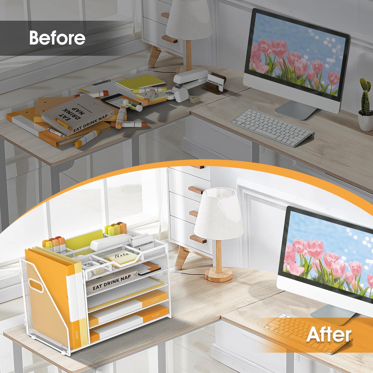 OrgMate 5 Tier Paper Letter Tray with File Holder and 3 Drop-in Pen Holders, Mesh Desk File Organizer with Handle, Desk Organizers and Accessories for School,Home, Office Supplies Storage-White